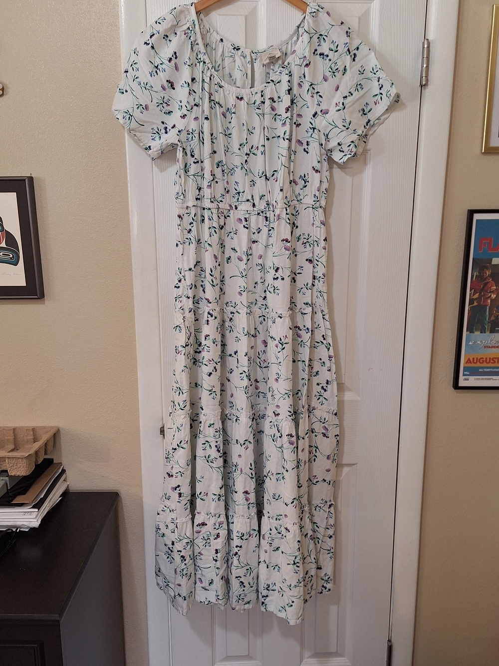 St John's Bay Floral White Maxi Dress with Green & Purple Print XL
